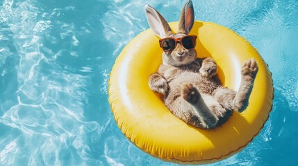 Relaxed rabbit in sunglasses floats on yellow inflatable ring in blue swimming pool.