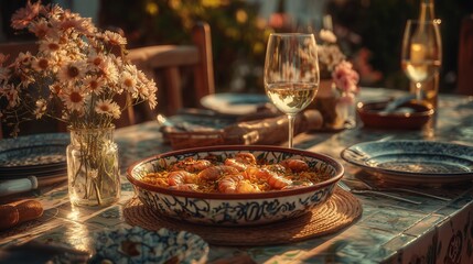 Fototapeta premium Stylish Patio Dining: Seafood Paella on a Ceramic Table Setting