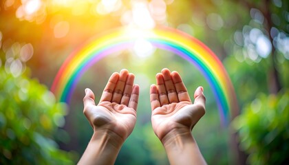 Close-up of hands with rainbow light on top, space for copy