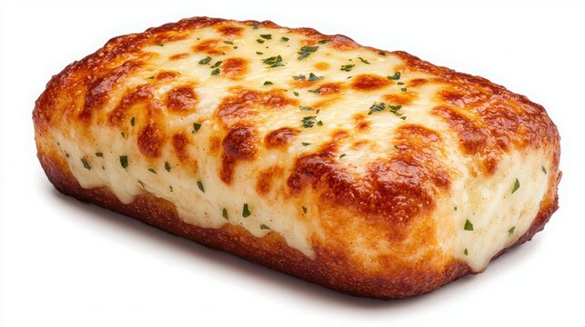 Snackification Concept. Deliciously Baked Cheese Loaf with Crispy Top and Fresh Herbs on White Background