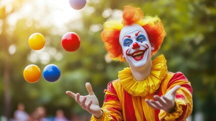 Cheerful clown juggling colorful balls