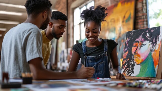 Creative group of young artists sharing ideas in an art studio during a collaborative painting session - Powered by Adobe