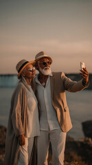 Happy senior couple taking a selfie by the seaside during a beautiful sunset
