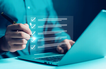 Business Performance Checklist Businessman Using Laptop Doing Online Checklist Survey On Computer...