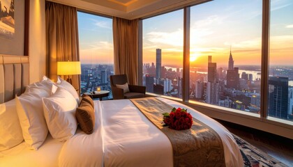 Luxury Hotel Suite View: Cityscape Sunset & Romantic Roses