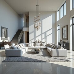 Spacious modern living room with large sectional sofa and dining area