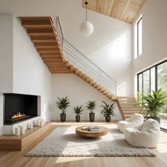 Fototapeta premium Modern living room with open concept wood staircase fireplace and plants