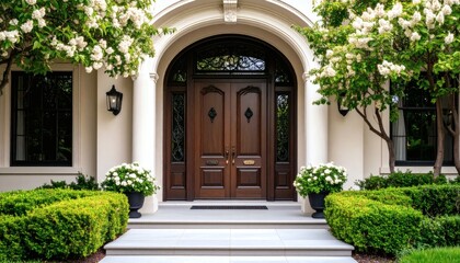 Luxury Home Entrance with Blooming White Flowers and Grand Double D...