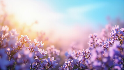 Close up view of purple flowers with soft focus and bokeh effect against a bright sky with pink and blue hues