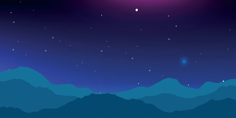night sky with many stars, on a dark background with a gradient from deep blue to purple. The silhouette of mountain ranges is visible in the foreground. Minimalist style