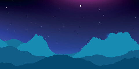 night sky with many stars, on a dark background with a gradient from deep blue to purple. The silhouette of mountain ranges is visible in the foreground. Minimalist style