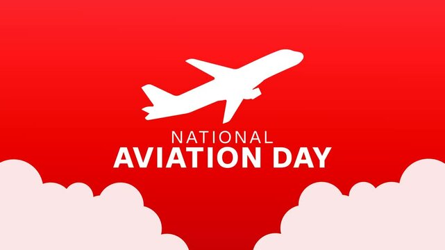 Animated 4k featuring an airplane flying above clouds with bold red background, celebrating National Aviation Day.