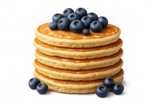 Golden pancake stack drizzled with syrup, garnished with ripe blueberries, floating against clean transparent backdrop