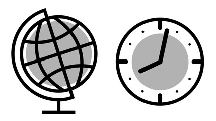 Set of Education icons: earth globe and clock, on transparent background, flat line design, vector illustration