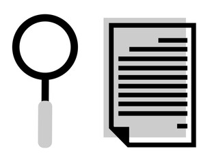 Set of Business icons: magnifying glass and document, on transparent background, flat line design, vector illustration