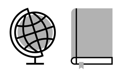 Set of Education icons: earth globe and close book, on transparent background, flat line design, vector illustration