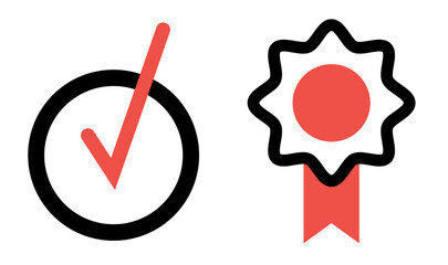 Set of Education icons: approved mark and certificate ribbon, on transparent background, flat line design, vector illustration