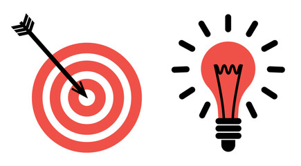 Set of Business icons: target sign and bulb lamp as idea concept, on transparent background, flat line design, vector illustration