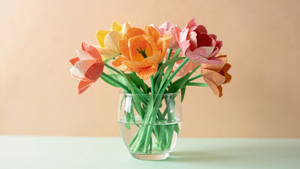 Fototapeta premium Colorful paper tulips in a clear glass vase with water against a light peach background and a light green surface