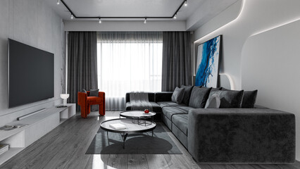 Modern living room interior with a dark velvet sectional sofa, minimalist LED wall design, marble coffee tables, and a bold orange accent chair. Natural light flows through sheer curtains, enhancing t