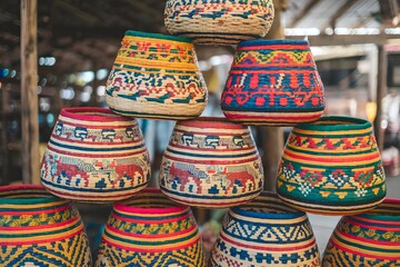 Fototapeta premium Vibrant Hand-Painted Baskets Stacked High in a Market