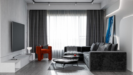 Modern living room interior with a dark velvet sectional sofa, minimalist LED wall design, marble coffee tables, and a bold orange accent chair. Natural light flows through sheer curtains, enhancing t