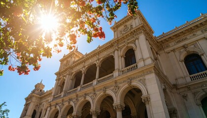 Obraz premium Ornate Palace Facade Under Blooming Trees & Sunlight