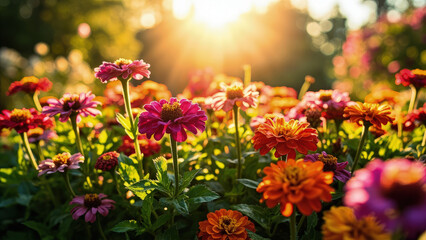 Fototapeta premium Colorful Zinnia Flowers in a Garden Illuminated by Golden Sunlight with Green Leaves and Blurred Backgrounds of Foliage