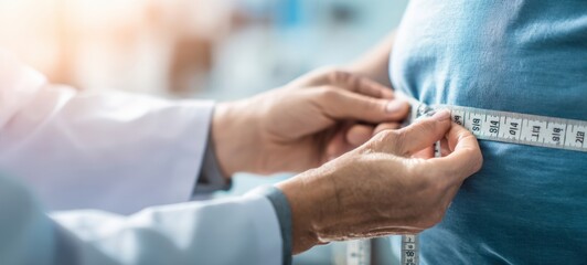 The doctor measuring a patient's waist for health assessment and wellness monitoring.