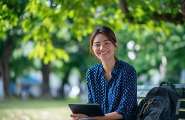 Fototapeta premium Smiling student holding tablet on park bench 