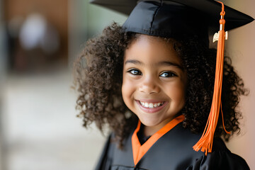 Smiling young girl in graduation cap and gown looking at camera, academic achievement celebration portrait, proud child student kindergarten graduate milestone moment, success education concept
