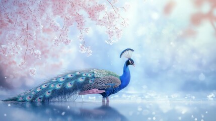A blue and pink peacock with long feathers, surrounded by white clouds