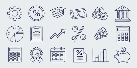 Loan and Credit linear icon collection. Containing loan, money, credit rating, business, leasing, interest, calculator, income, banking and more. Editable strokes 