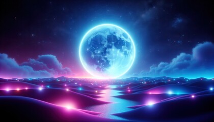 Glowing Moon Over Neon Landscape with Cosmic Sky
