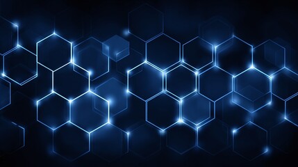 Hexagonal Network: Interconnected Blue Geometric Shapes. Modern design for science, technology, and innovation concepts on dark backdrop.