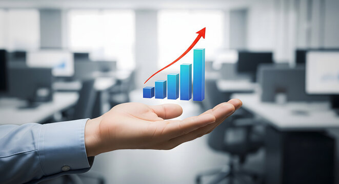 Palm facing upward with floating 3D bar graph icon symbolizing growth, analytics, and data visualization, softly blurred office background, modern concept
