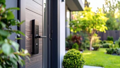 Smart Home Security: Modern Door Lock & Lush Garden View