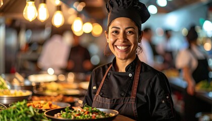 Smiling Female Chef Presents Fresh Salad in Busy Restaurant Kitchen