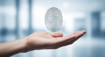 Open palm with floating 3D fingerprint icon symbolizing identity, security, and biometric authentication, clean blurred tech background, modern concept
