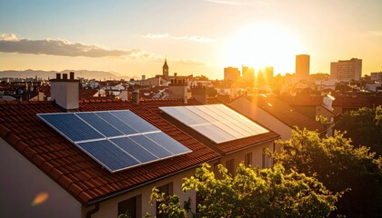 Solar Panels on Rooftop at Golden Hour Sunset, Cityscape