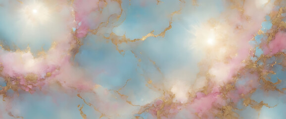 Elegant Blue Pink Marble Texture with Gold Veins and Soft Light Glow | Artistic Design | ai