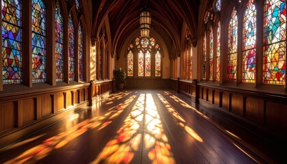 Sunlight Through Stained Glass Windows in Gothic Hallway