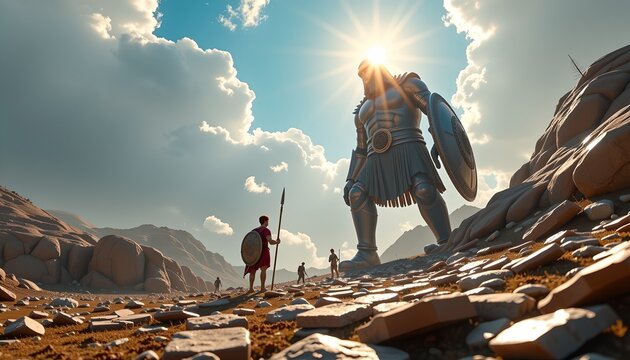 imagine a modern reimagining of the classic biblical tale of david facing goliath, set in a sleek and glossy world, the scene is captured from a dramatic worms eye view