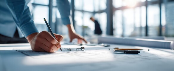 The architect's hand sketching detailed blueprints in a modern workspace.