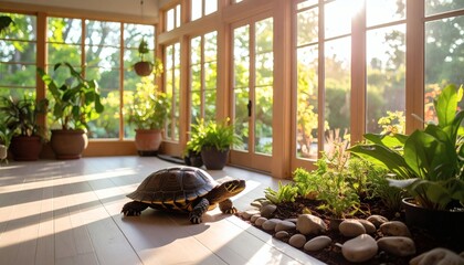 Turtle and Plants in Sunlit Conservatory, Nature Indoors