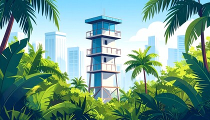 Tropical Cityscape with Lifeguard Tower & Palm Trees