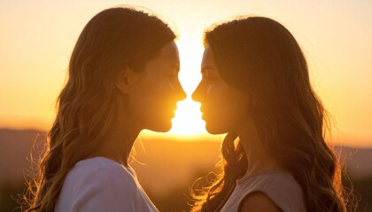 Two women in silhouette against golden sunset, intimate moment, war...