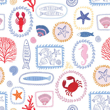  Mediterranean summer seamless pattern with marine elements in frames, lobster, crab, fish, shell, seahorse. Vector, decorative background, textile design, wallpaper print