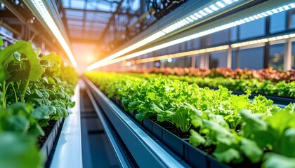 Vertical Farm Growth: Lush Greens Under Bright LED Lights