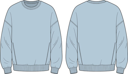 Oversized Light Blue Crew Neck Sweatshirt Flat Sketch, Front and Back Views, Casual Fashion Apparel Design Template for Modern Men and Women, Comfortable Winter Wear.